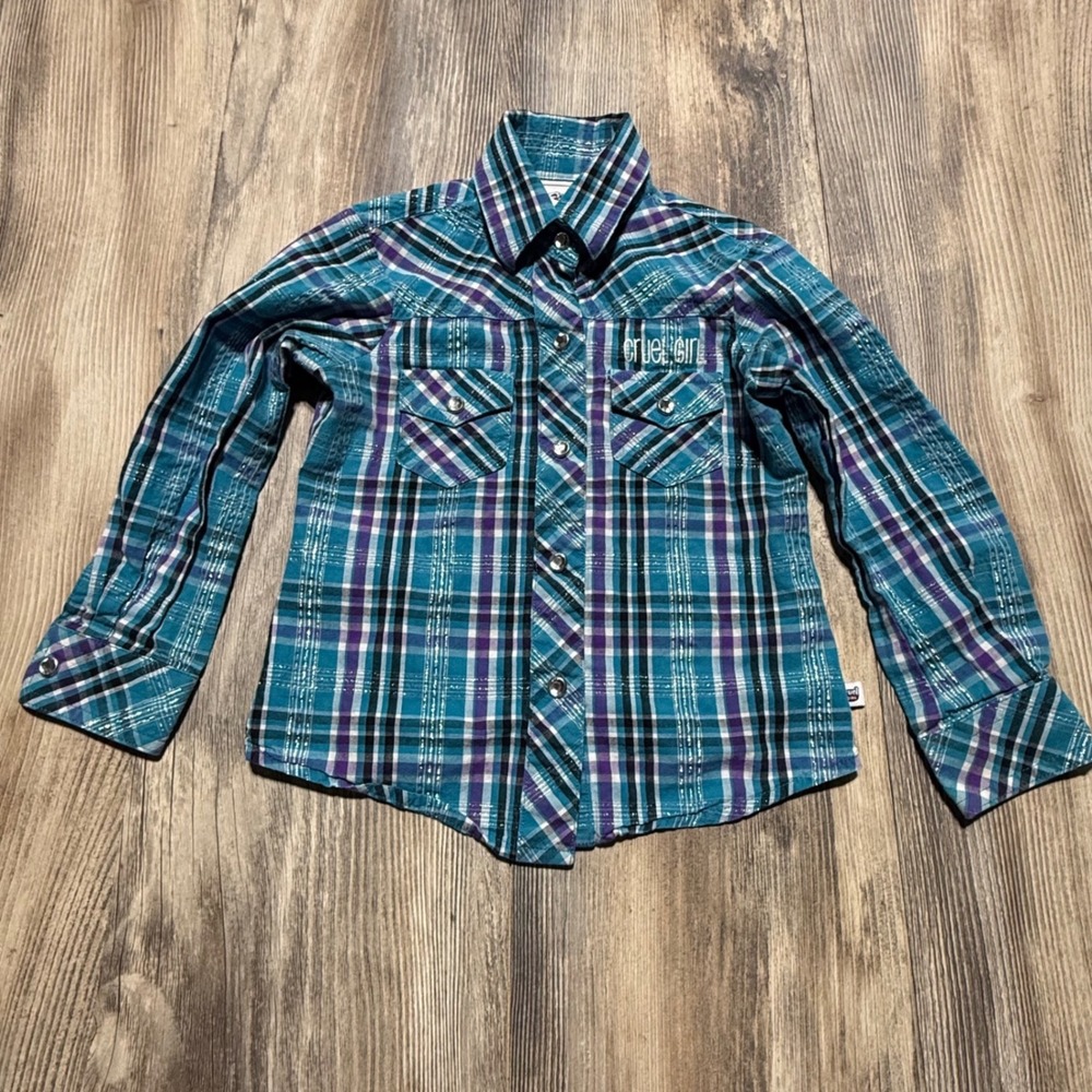 Western Cruel Girl Snap Shirt Turquoise Purple Plaid Lurex Cowgirl 3T